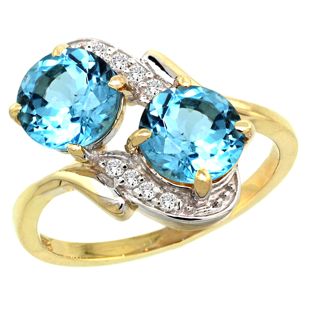 14k Yellow Gold Diamond Natural Swiss Blue Topaz Mother's Ring Round 7mm, 3/4 inch wide, sizes 5 - 10