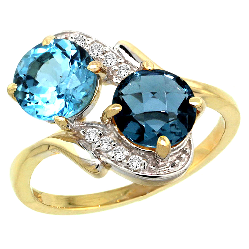 10K Yellow Gold Diamond Natural Swiss &amp; London Blue Topaz Mother&#039;s Ring Round 7mm, 3/4 inch wide, sizes 5 - 10
