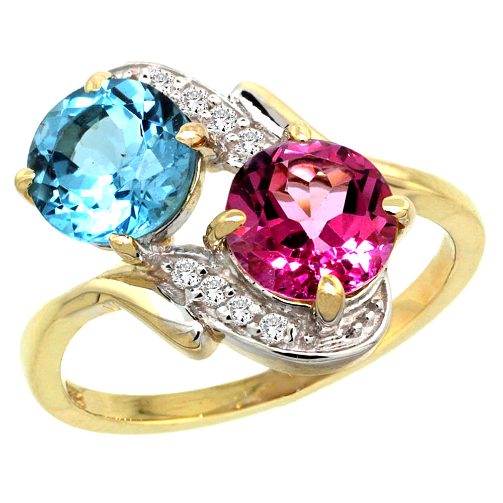 10K Yellow Gold Diamond Natural Swiss Blue & Pink Topaz Mother's Ring Round 7mm, 3/4 inch wide, sizes 5 - 10