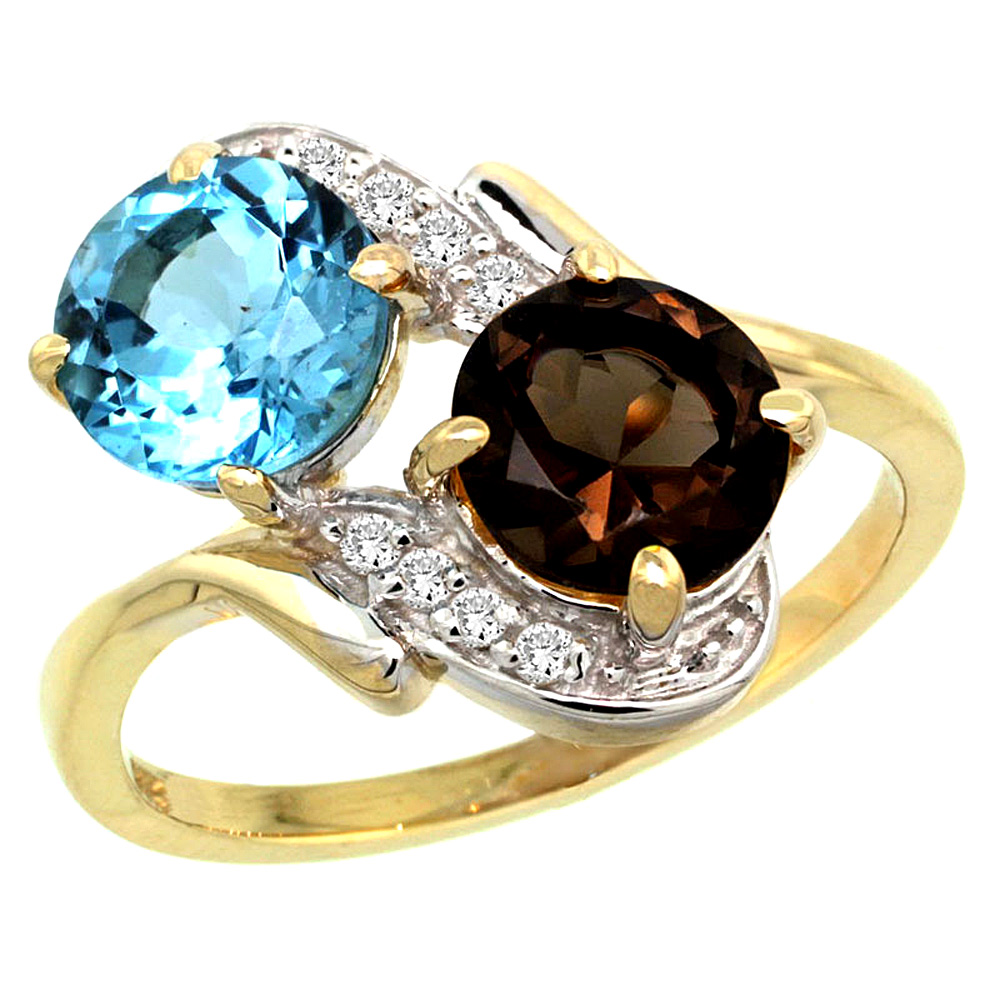 14k Yellow Gold Diamond Natural Swiss Blue & Smoky Topaz Mother's Ring Round 7mm, 3/4 inch wide, sizes 5 - 10