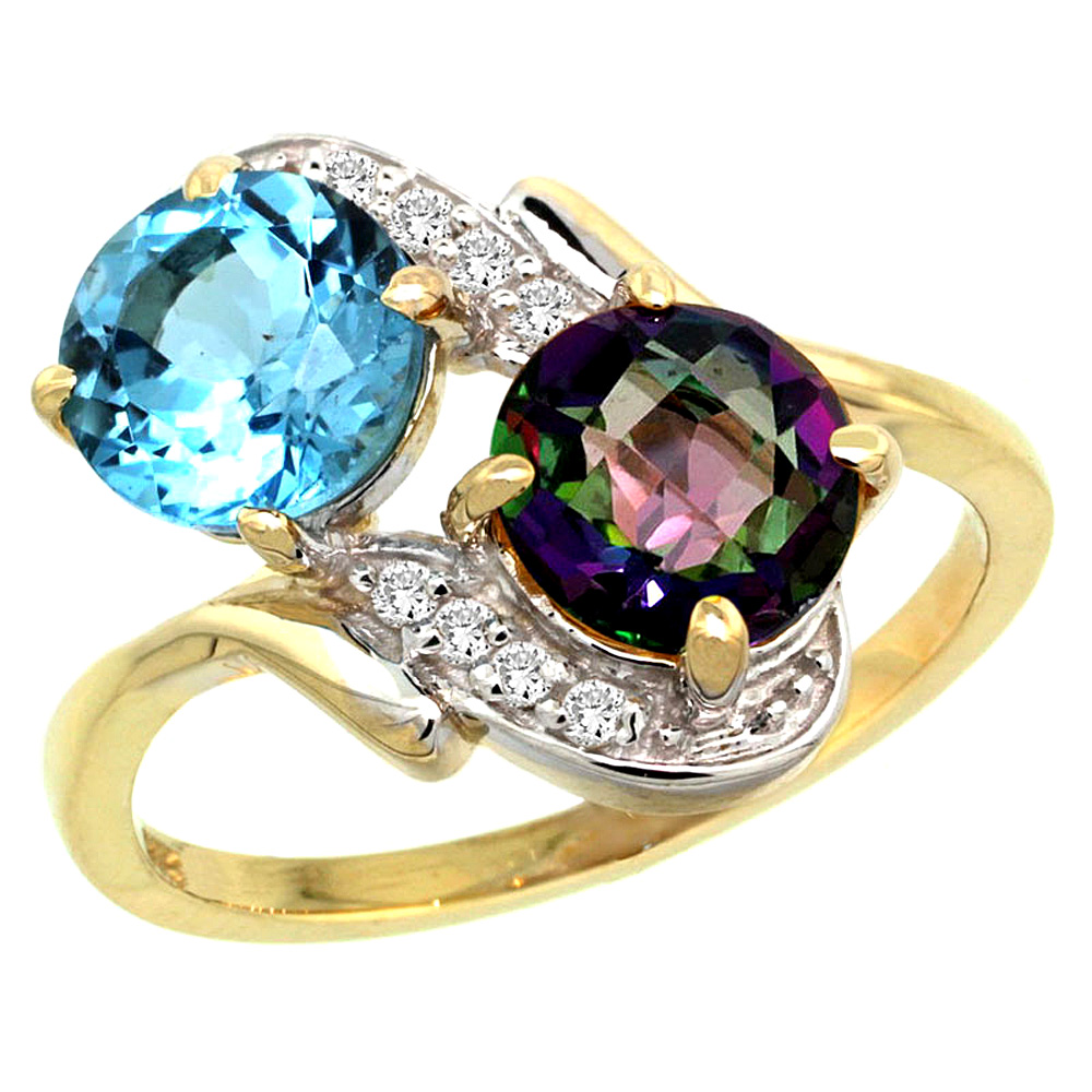 14k Yellow Gold Diamond Natural Swiss Blue &amp; Mystic Topaz Mother&#039;s Ring Round 7mm, 3/4 inch wide, sizes 5 - 10