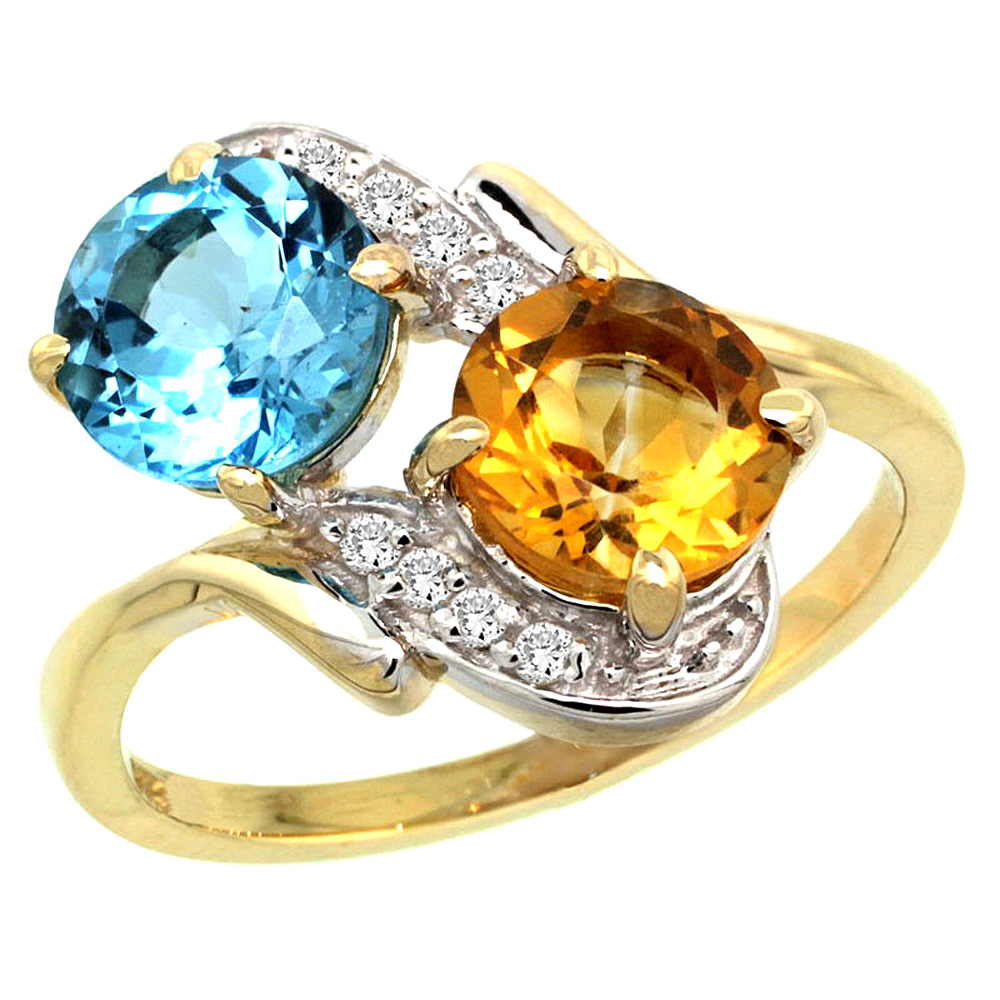 14k Yellow Gold Diamond Natural Swiss Blue Topaz & Citrine Mother's Ring Round 7mm, 3/4 inch wide, sizes 5 - 10