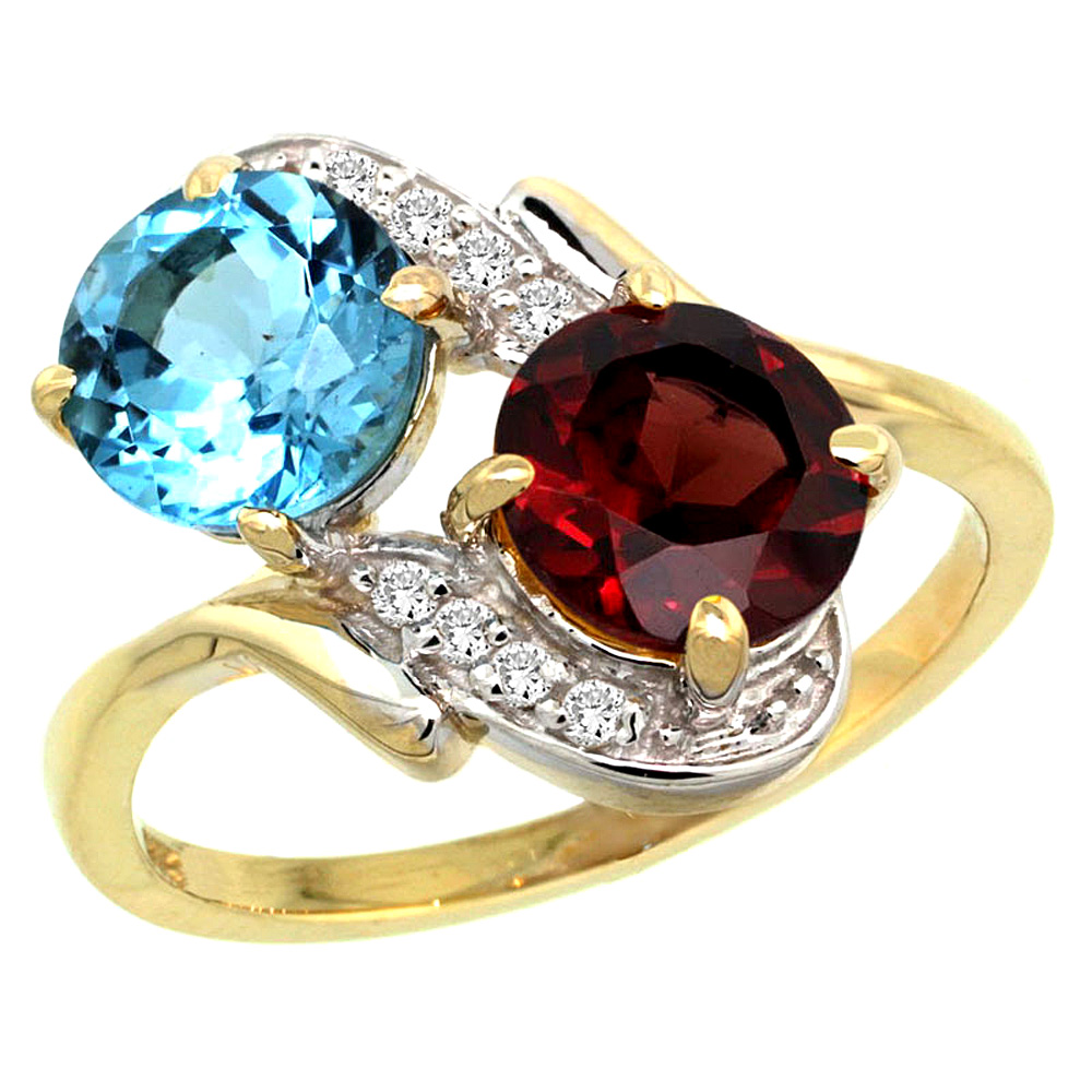 10K Yellow Gold Diamond Natural Swiss Blue Topaz &amp; Garnet Mother&#039;s Ring Round 7mm, 3/4 inch wide, sizes 5 - 10