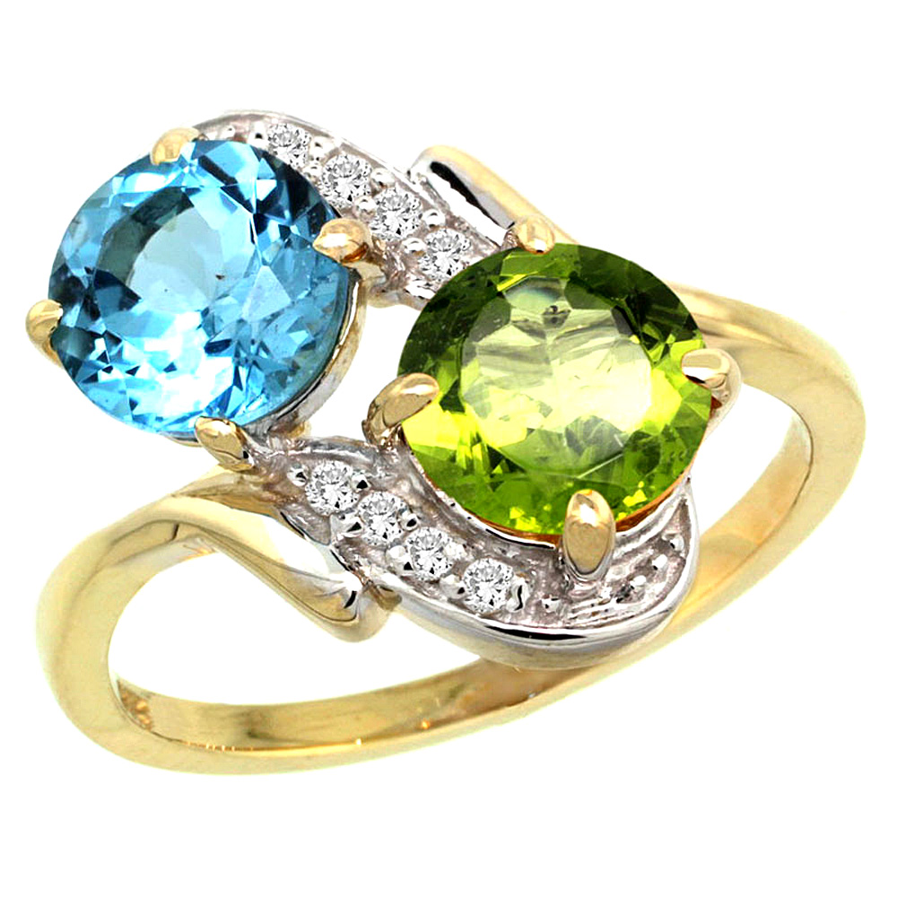10K Yellow Gold Diamond Natural Swiss Blue Topaz & Peridot Mother's Ring Round 7mm, 3/4 inch wide, sizes 5 - 10
