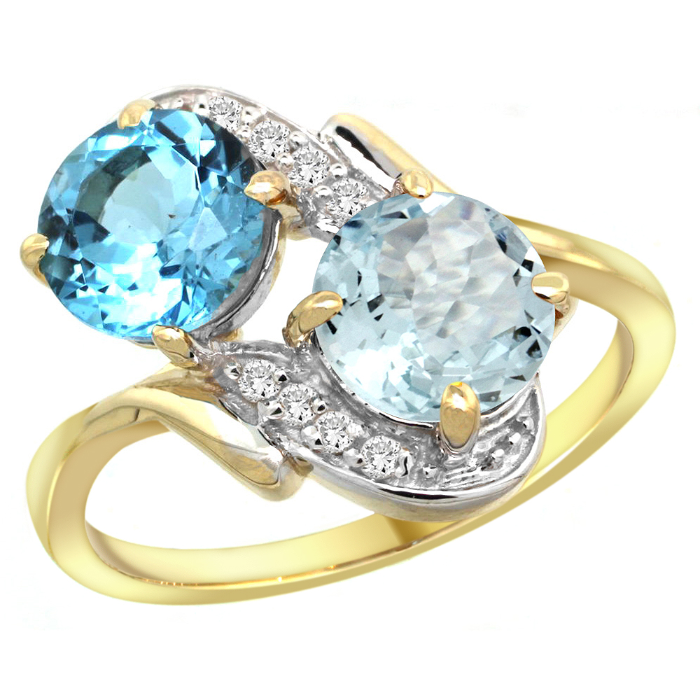 10K Yellow Gold Diamond Natural Swiss Blue Topaz & Aquamarine Mother's Ring Round 7mm, 3/4 inch wide, sizes 5 - 10