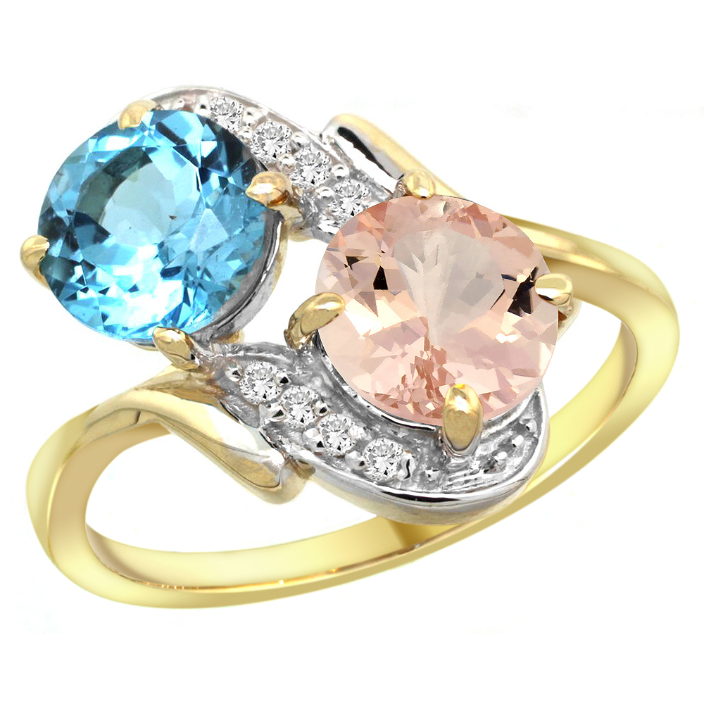 14k Yellow Gold Diamond Natural Swiss Blue Topaz & Morganite Mother's Ring Round 7mm, 3/4 inch wide, sizes 5 - 10