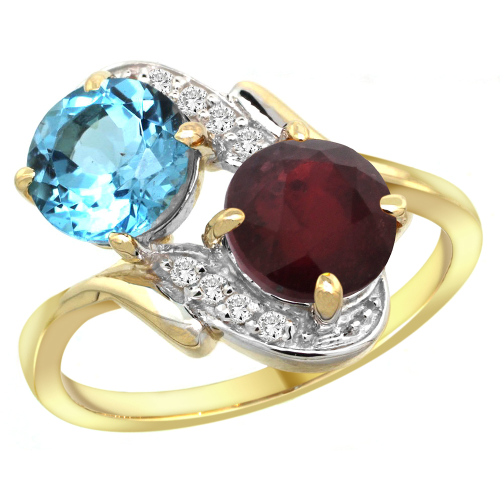 10K Yellow Gold Diamond Natural Swiss Blue Topaz &amp; Enhanced Genuine Ruby Mother&#039;s Ring Round 7mm, 3/4 inch wide, sizes 5 - 10