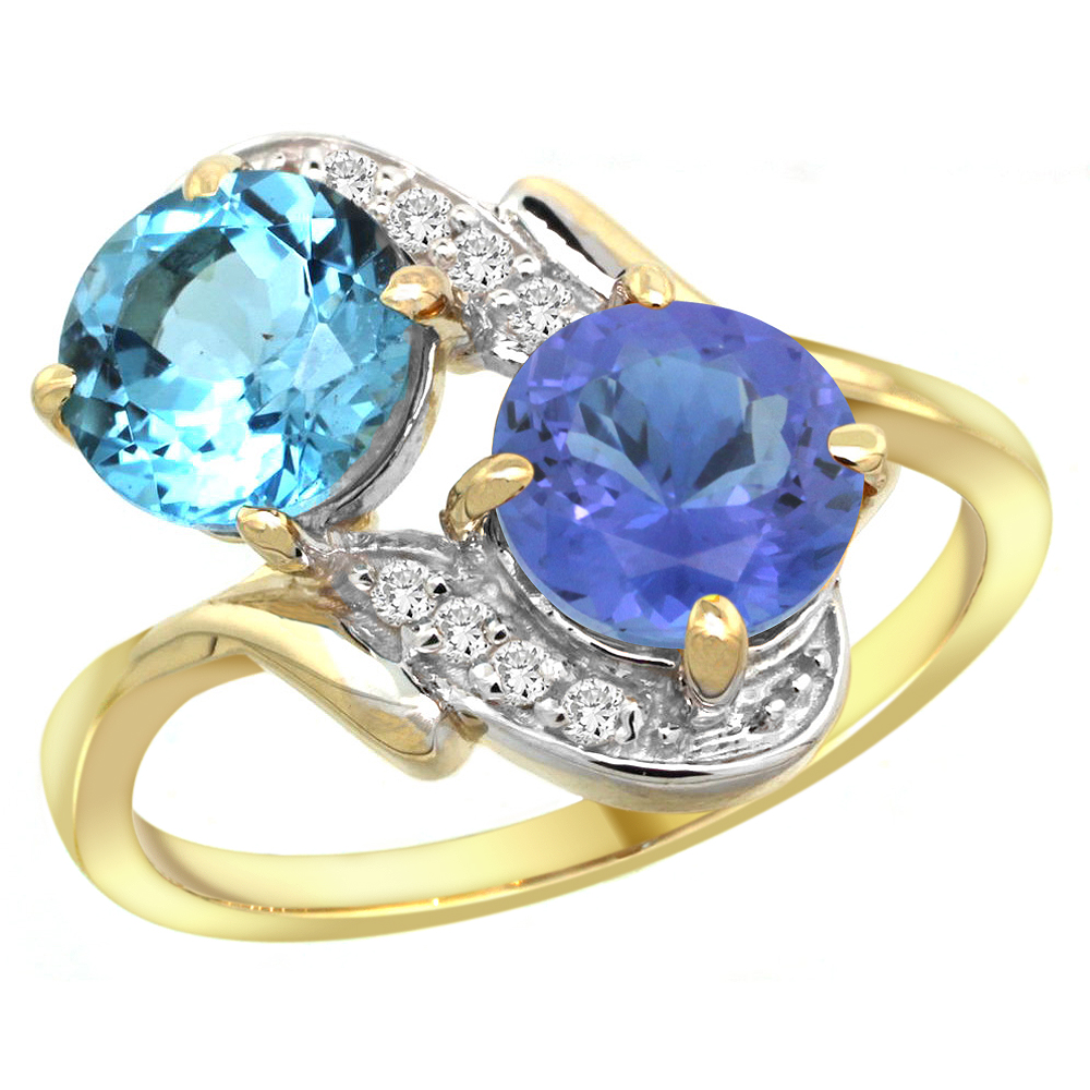 14k Yellow Gold Diamond Natural Swiss Blue Topaz & Tanzanite Mother's Ring Round 7mm, 3/4 inch wide, sizes 5 - 10