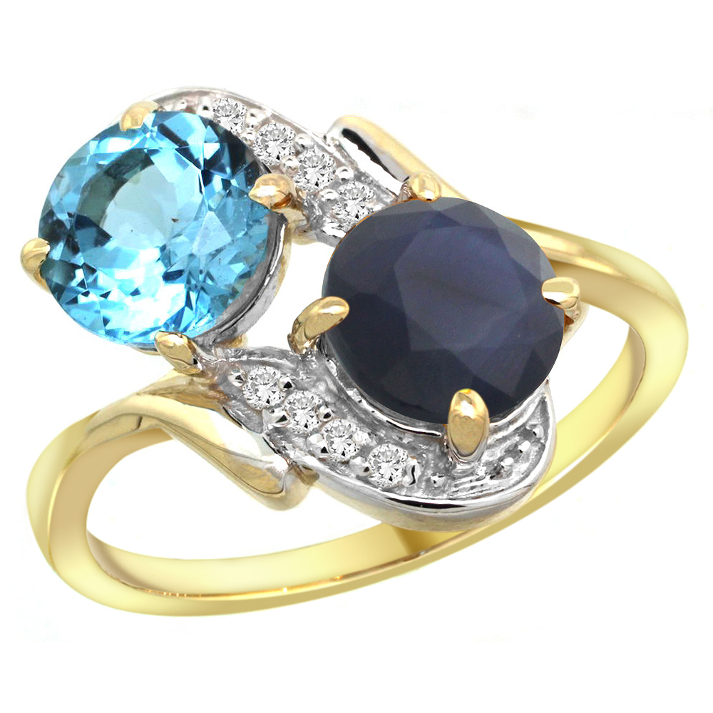 14k Yellow Gold Diamond Natural Swiss Blue Topaz & Quality Blue Sapphire 2-stone Ring Round 7mm, size5-10