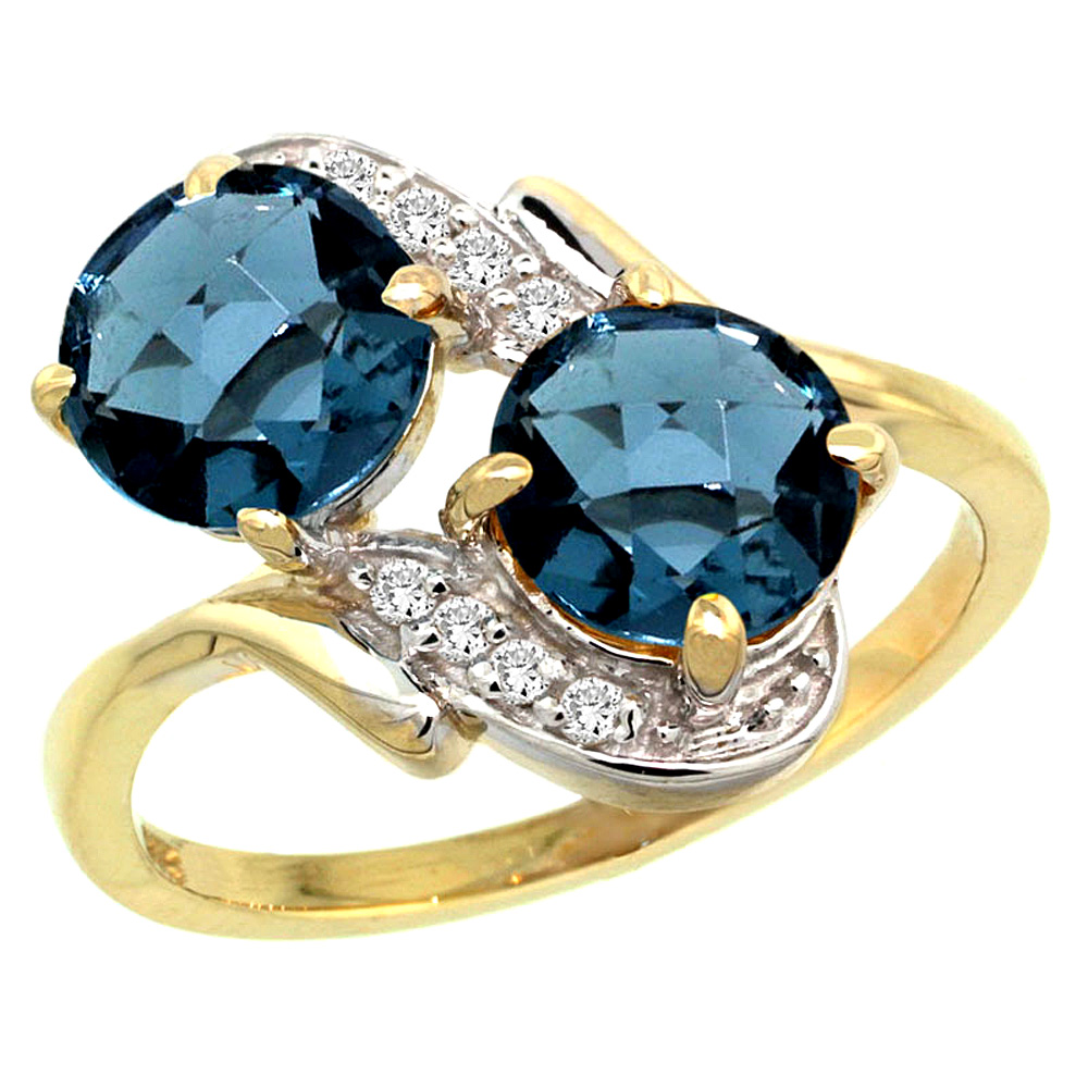 14k Yellow Gold Diamond Natural London Blue Topaz Mother&#039;s Ring Round 7mm, 3/4 inch wide, sizes 5 - 10