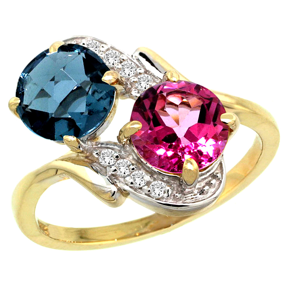 10K Yellow Gold Diamond Natural London Blue &amp; Pink Topaz Mother&#039;s Ring Round 7mm, 3/4 inch wide, sizes 5 - 10