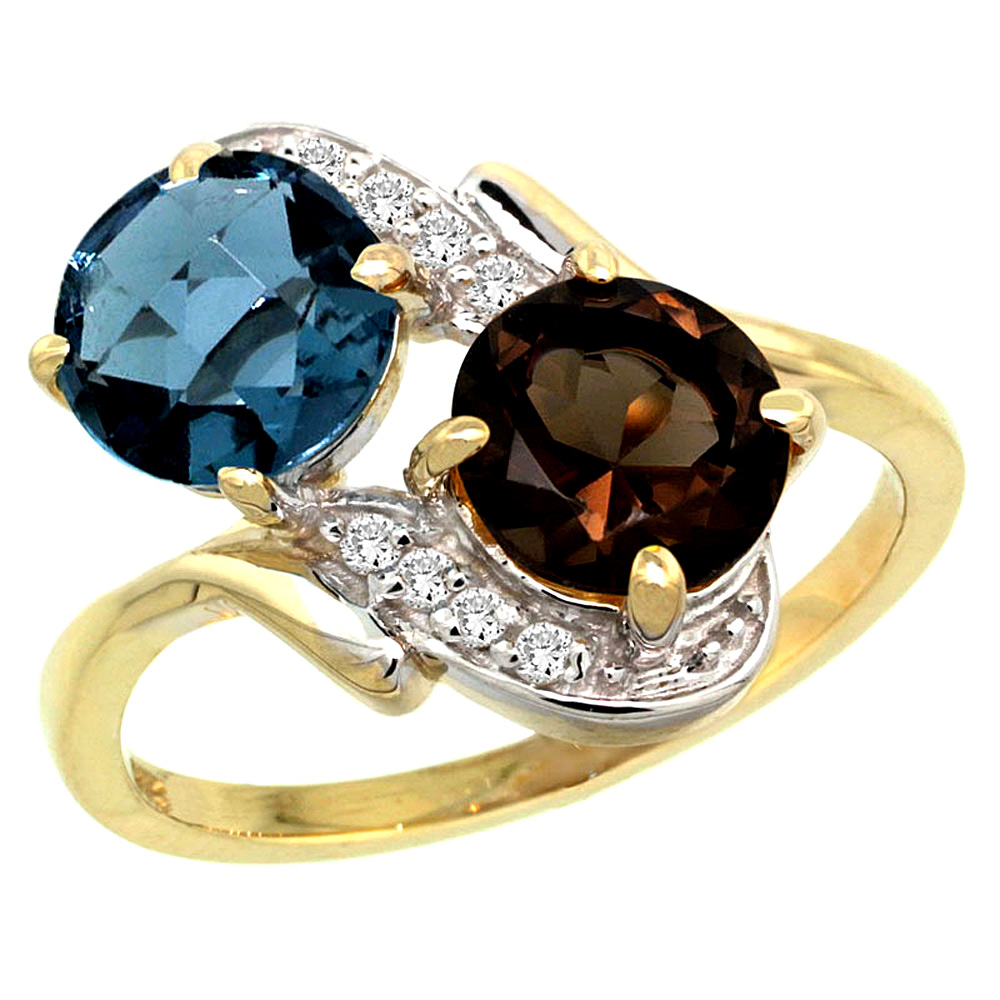 10K Yellow Gold Diamond Natural London Blue &amp; Smoky Topaz Mother&#039;s Ring Round 7mm, 3/4 inch wide, sizes 5 - 10