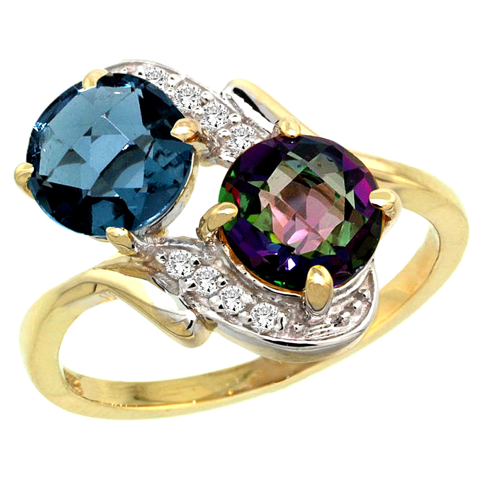 10K Yellow Gold Diamond Natural London Blue & Mystic Topaz Mother's Ring Round 7mm, 3/4 inch wide, sizes 5 - 10
