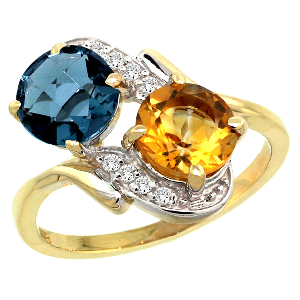10K Yellow Gold Diamond Natural London Blue Topaz & Citrine Mother's Ring Round 7mm, 3/4 inch wide, sizes 5 - 10