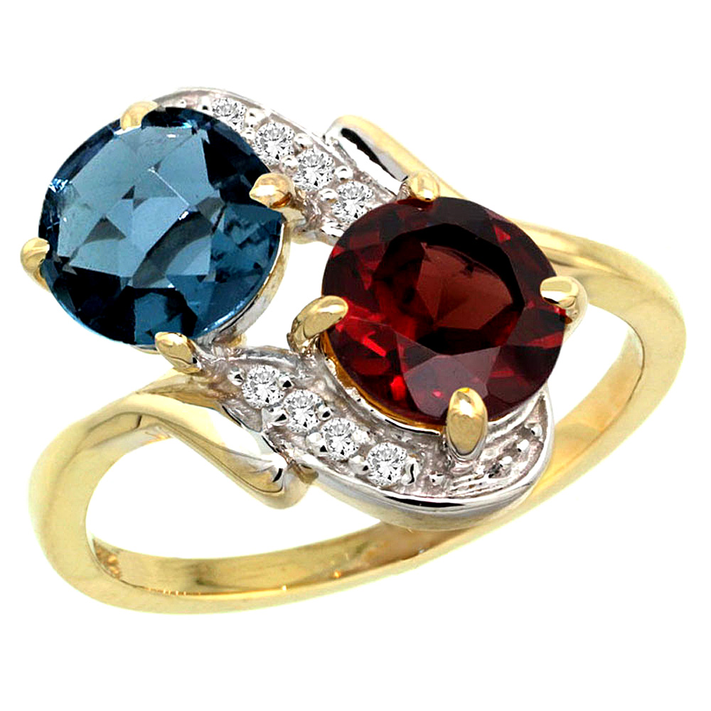 14k Yellow Gold Diamond Natural London Blue Topaz & Garnet Mother's Ring Round 7mm, 3/4 inch wide, sizes 5 - 10