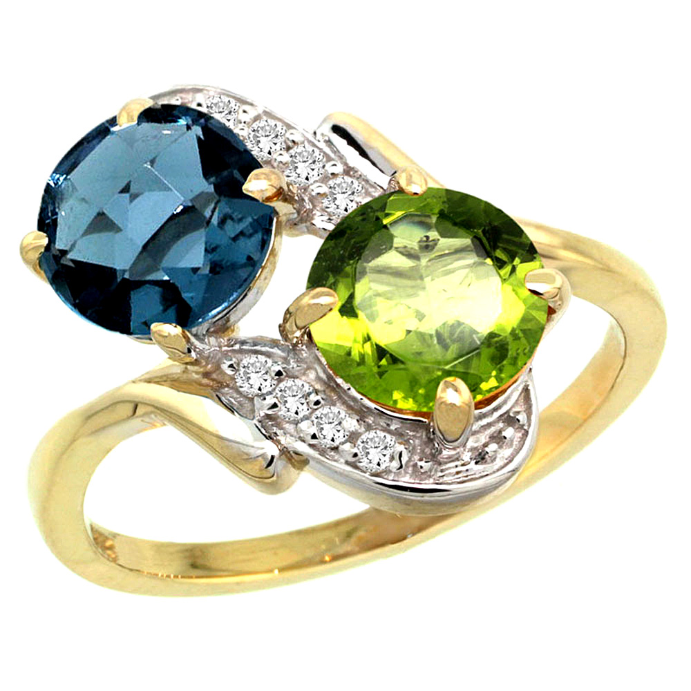 14k Yellow Gold Diamond Natural London Blue Topaz &amp; Peridot Mother&#039;s Ring Round 7mm, 3/4 inch wide, sizes 5 - 10
