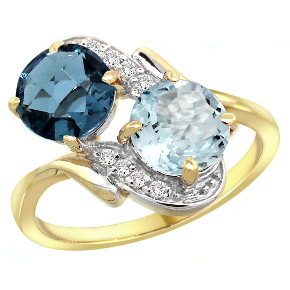 14k Yellow Gold Diamond Natural London Blue Topaz &amp; Aquamarine Mother&#039;s Ring Round 7mm, 3/4 inch wide, sizes 5 - 10