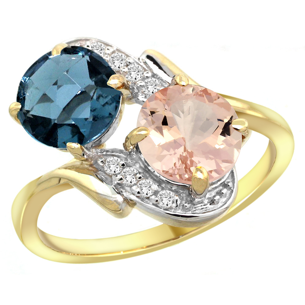 14k Yellow Gold Diamond Natural London Blue Topaz & Morganite Mother's Ring Round 7mm, 3/4 inch wide, sizes 5 - 10