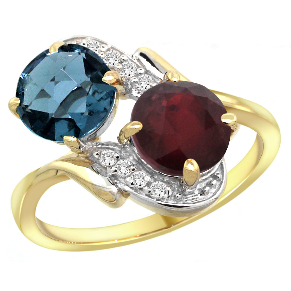 14k Yellow Gold Diamond Natural London Blue Topaz & Enhanced Genuine Ruby Mother's Ring Round 7mm, 3/4 inch wide, sizes 5 - 10