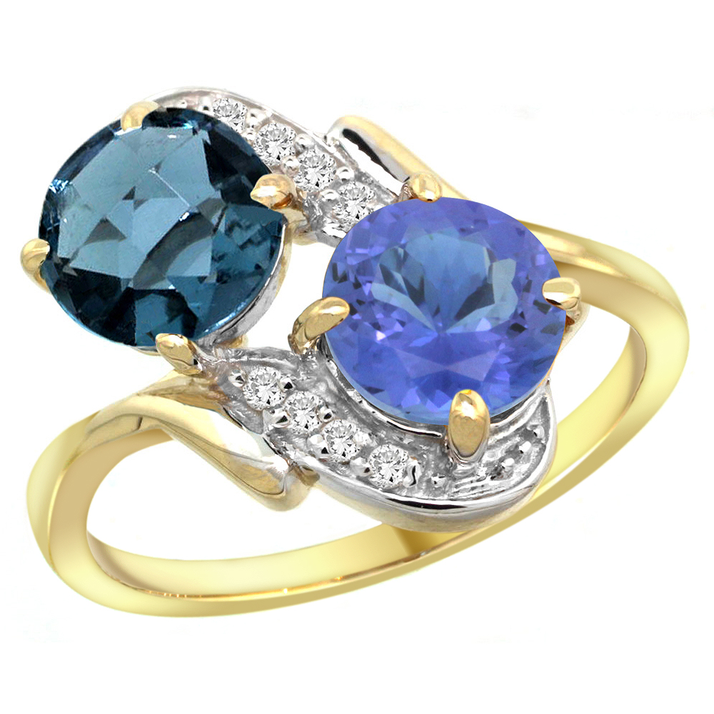 14k Yellow Gold Diamond Natural London Blue Topaz & Tanzanite Mother's Ring Round 7mm, 3/4 inch wide, sizes 5 - 10