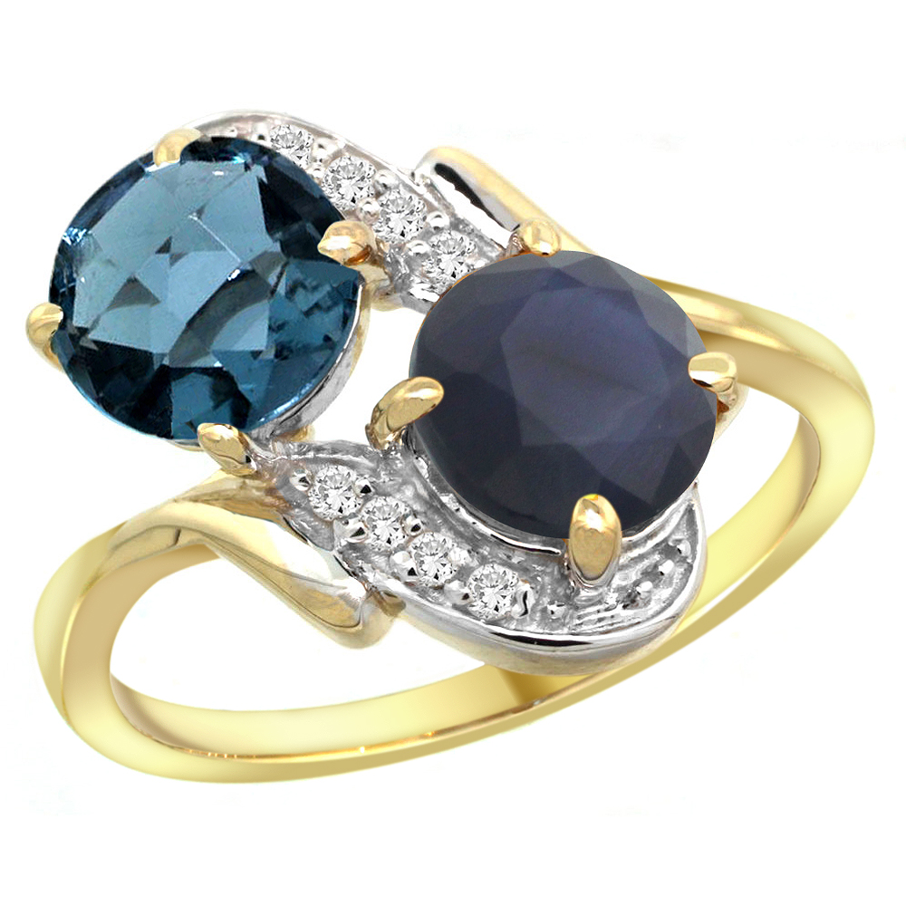 10K Yellow Gold Diamond Natural London Blue Topaz&amp;Quality Blue Sapphire 2-stone Ring Round 7mm,size5 - 10