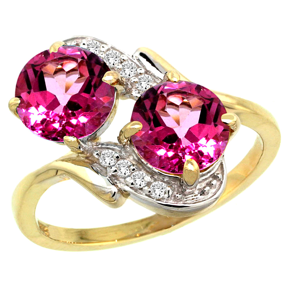 10K Yellow Gold Diamond Natural Pink Topaz Mother&#039;s Ring Round 7mm, 3/4 inch wide, sizes 5 - 10