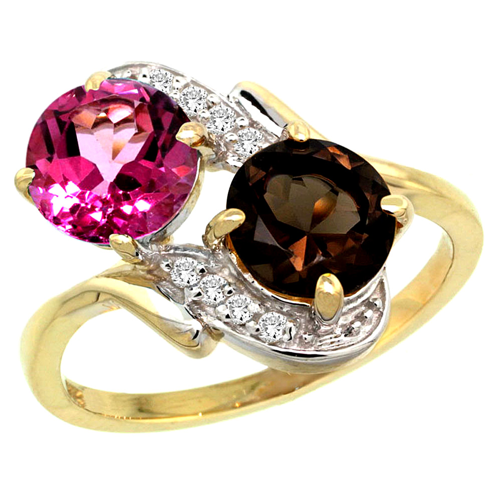 10K Yellow Gold Diamond Natural Pink &amp; Smoky Topaz Mother&#039;s Ring Round 7mm, 3/4 inch wide, sizes 5 - 10