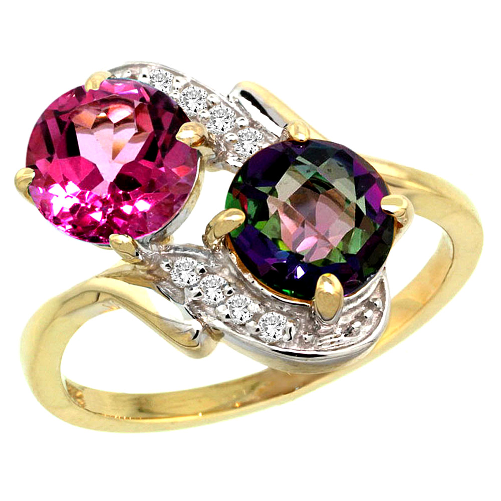 14k Yellow Gold Diamond Natural Pink &amp; Mystic Topaz Mother&#039;s Ring Round 7mm, 3/4 inch wide, sizes 5 - 10