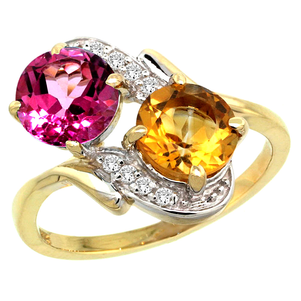 10K Yellow Gold Diamond Natural Pink Topaz &amp; Citrine Mother&#039;s Ring Round 7mm, 3/4 inch wide, sizes 5 - 10