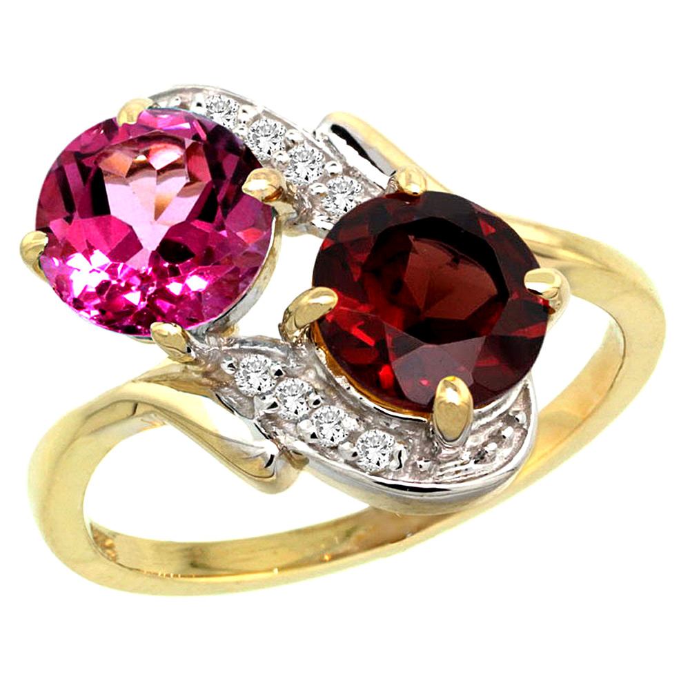 10K Yellow Gold Diamond Natural Pink Topaz & Garnet Mother's Ring Round 7mm, 3/4 inch wide, sizes 5 - 10