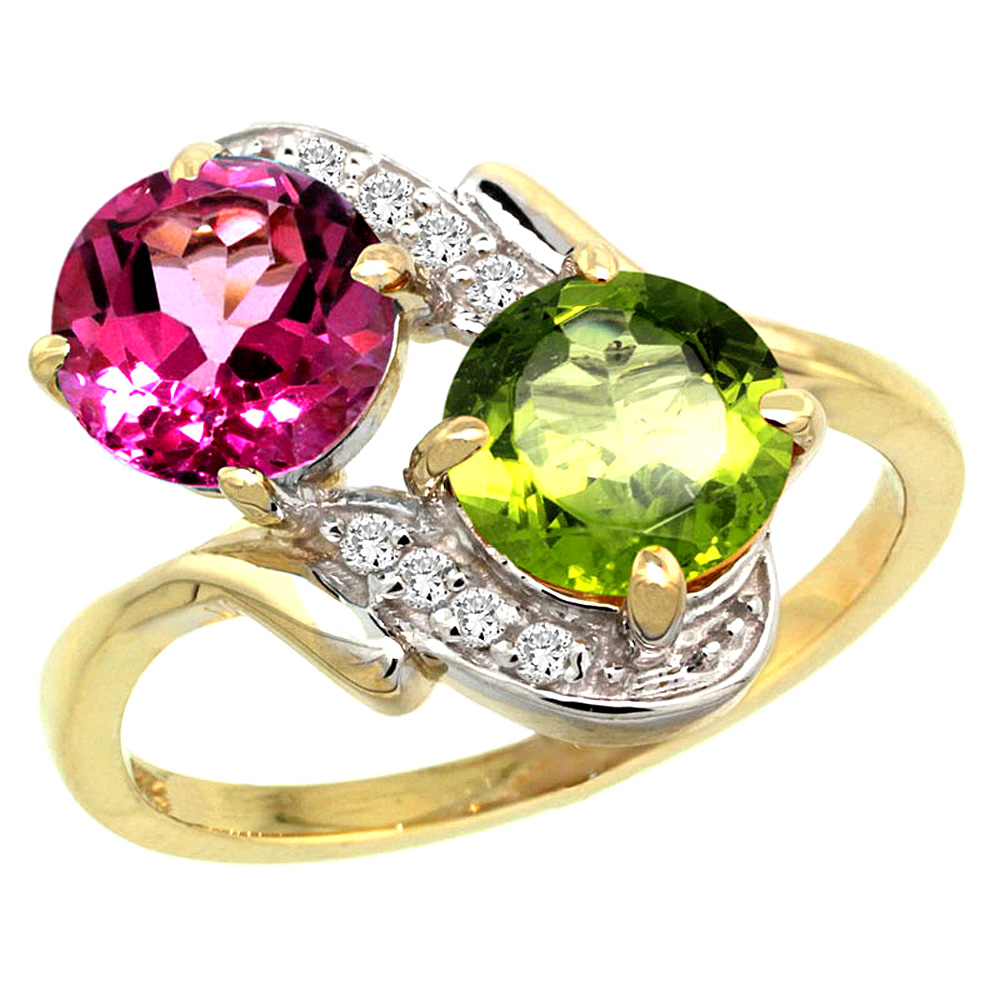 14k Yellow Gold Diamond Natural Pink Topaz &amp; Peridot Mother&#039;s Ring Round 7mm, 3/4 inch wide, sizes 5 - 10