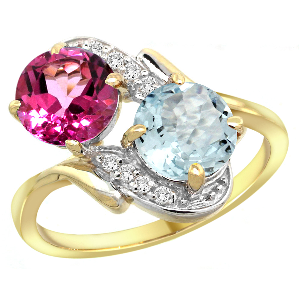 10K Yellow Gold Diamond Natural Pink Topaz & Aquamarine Mother's Ring Round 7mm, 3/4 inch wide, sizes 5 - 10