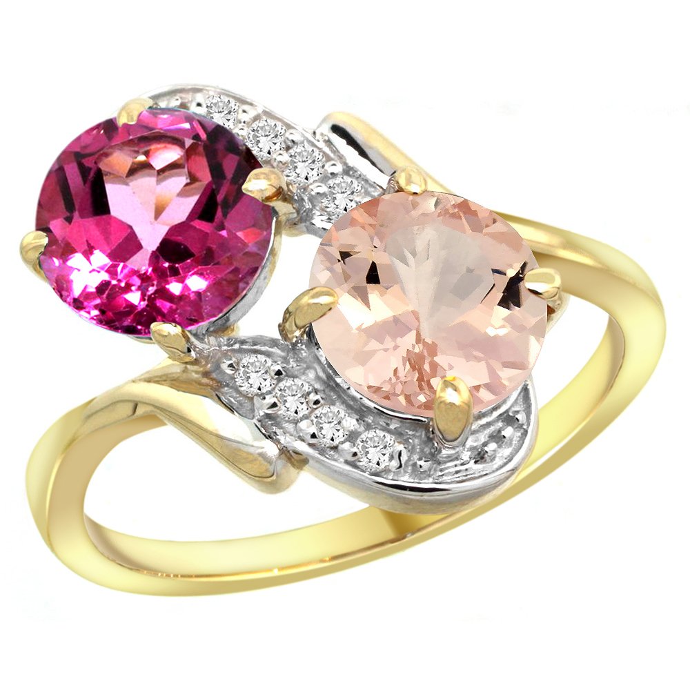 10K Yellow Gold Diamond Natural Pink Topaz & Morganite Mother's Ring Round 7mm, 3/4 inch wide, sizes 5 - 10