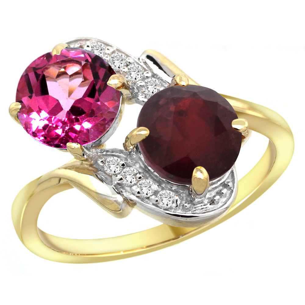 10K Yellow Gold Diamond Natural Pink Topaz & Enhanced Genuine Ruby Mother's Ring Round 7mm, 3/4 inch wide, sizes 5 - 10