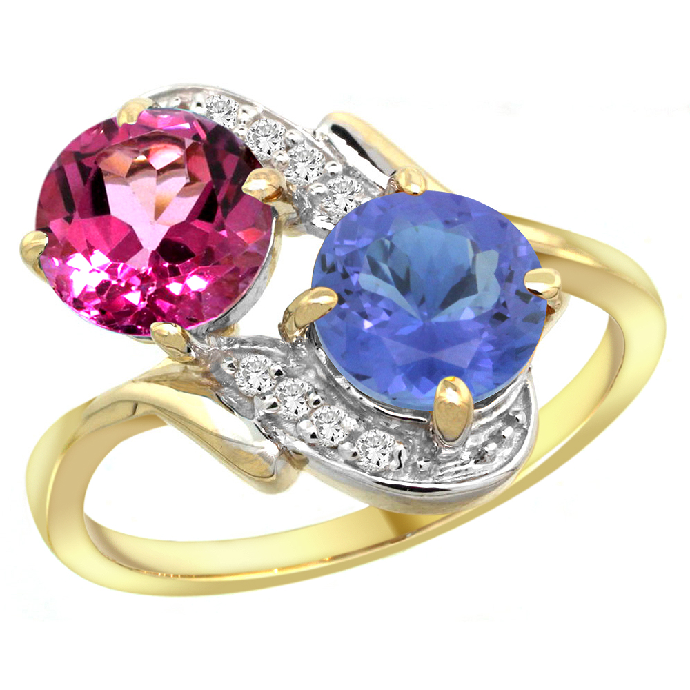 10K Yellow Gold Diamond Natural Pink Topaz & Tanzanite Mother's Ring Round 7mm, 3/4 inch wide, sizes 5 - 10