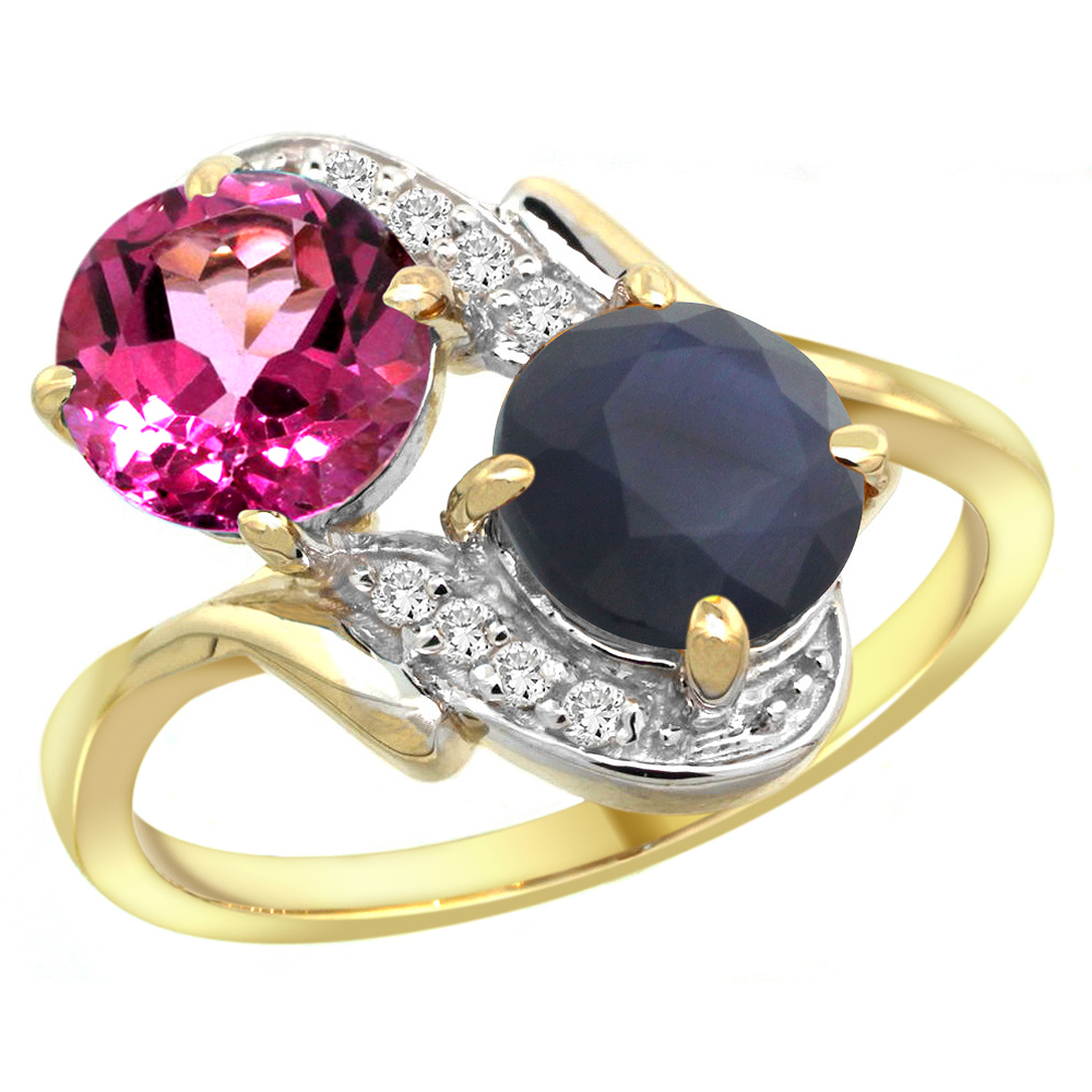 10K Yellow Gold Diamond Natural Pink Topaz &amp; Quality Blue Sapphire 2-stone Mothers Ring Round 7mm,sz 5-10