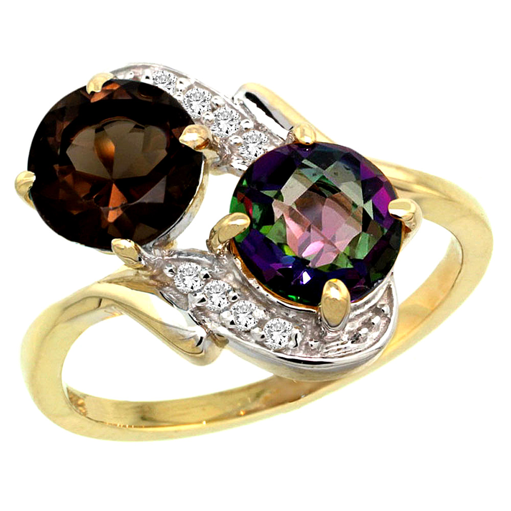 14k Yellow Gold Diamond Natural Smoky & Mystic Topaz Mother's Ring Round 7mm, 3/4 inch wide, sizes 5 - 10