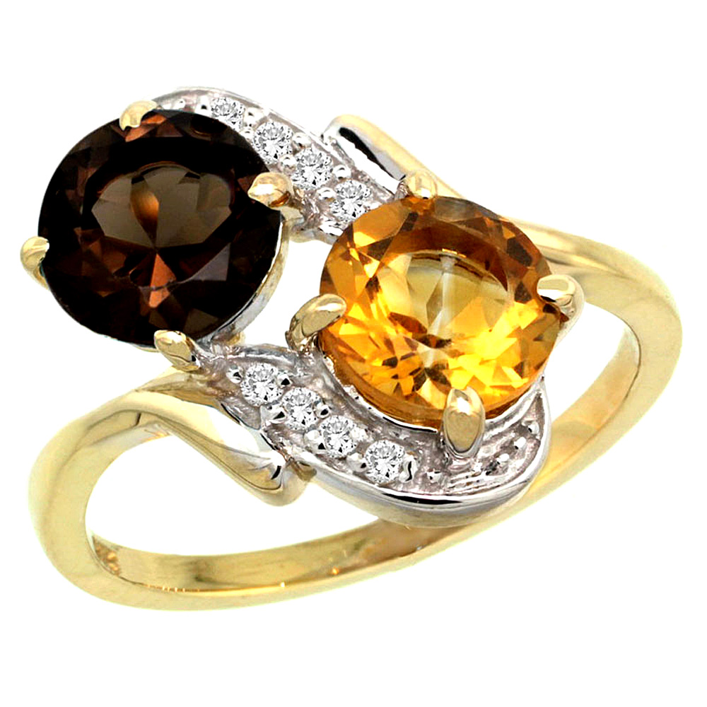 10K Yellow Gold Diamond Natural Smoky Topaz & Citrine Mother's Ring Round 7mm, 3/4 inch wide, sizes 5 - 10