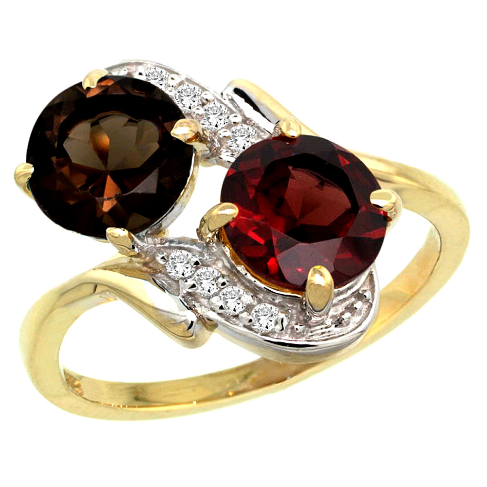 10K Yellow Gold Diamond Natural Smoky Topaz & Garnet Mother's Ring Round 7mm, 3/4 inch wide, sizes 5 - 10