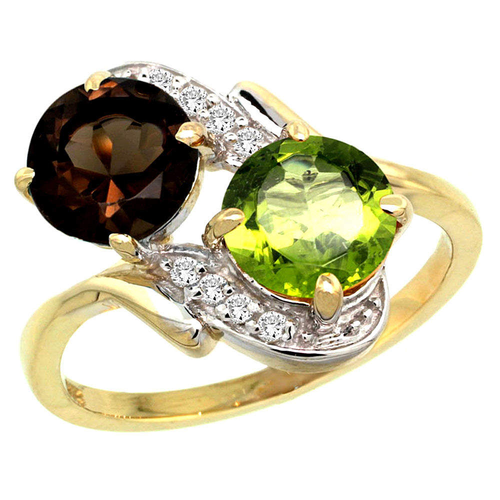 10K Yellow Gold Diamond Natural Smoky Topaz & Peridot Mother's Ring Round 7mm, 3/4 inch wide, sizes 5 - 10
