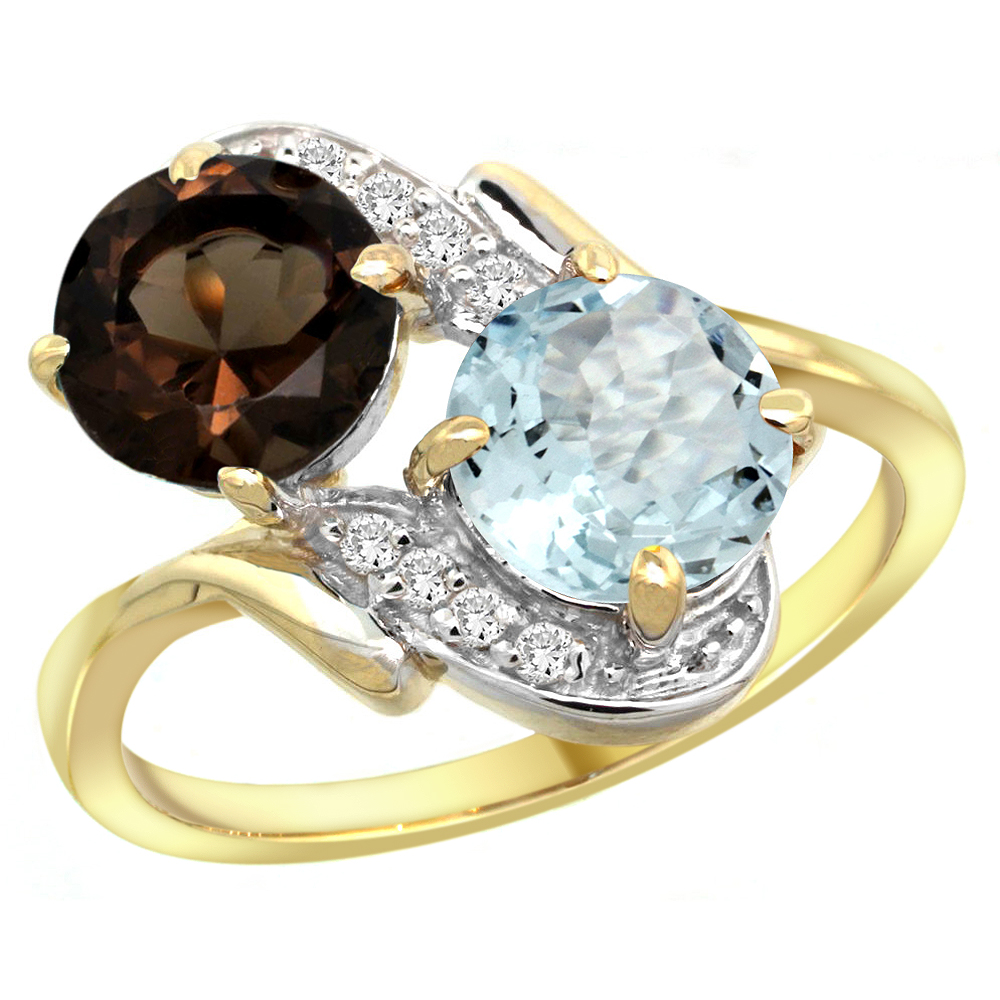 10K Yellow Gold Diamond Natural Smoky Topaz &amp; Aquamarine Mother&#039;s Ring Round 7mm, 3/4 inch wide, sizes 5 - 10