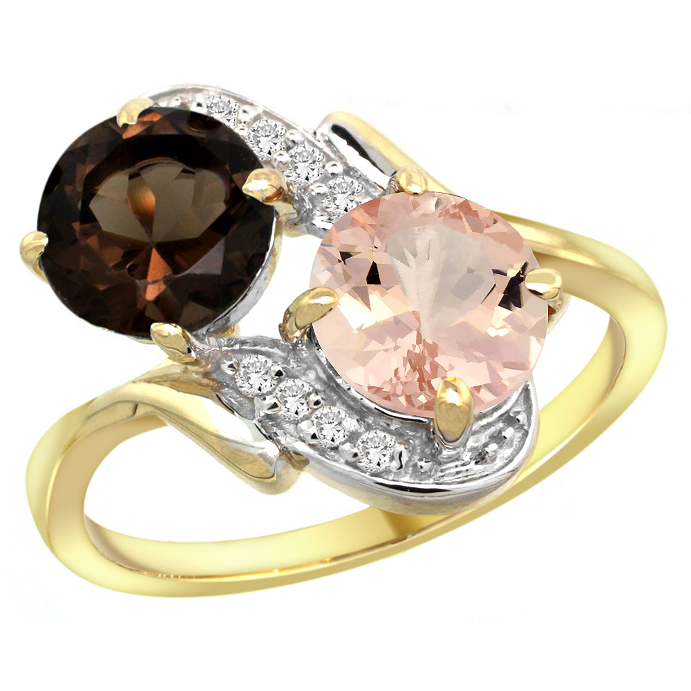 10K Yellow Gold Diamond Natural Smoky Topaz & Morganite Mother's Ring Round 7mm, 3/4 inch wide, sizes 5 - 10