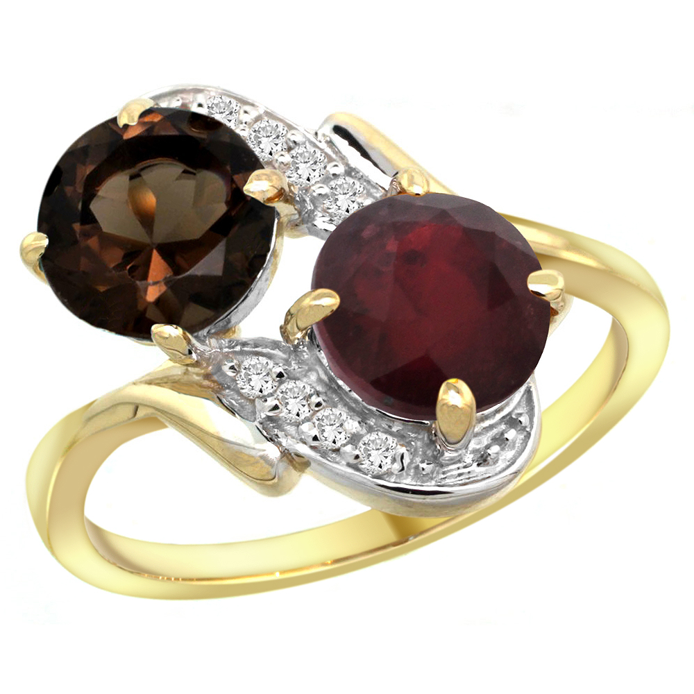 14k Yellow Gold Diamond Natural Smoky Topaz &amp; Enhanced Genuine Ruby Mother&#039;s Ring Round 7mm, 3/4 inch wide, sizes 5 - 10