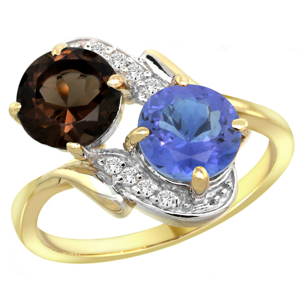 14k Yellow Gold Diamond Natural Smoky Topaz &amp; Tanzanite Mother&#039;s Ring Round 7mm, 3/4 inch wide, sizes 5 - 10