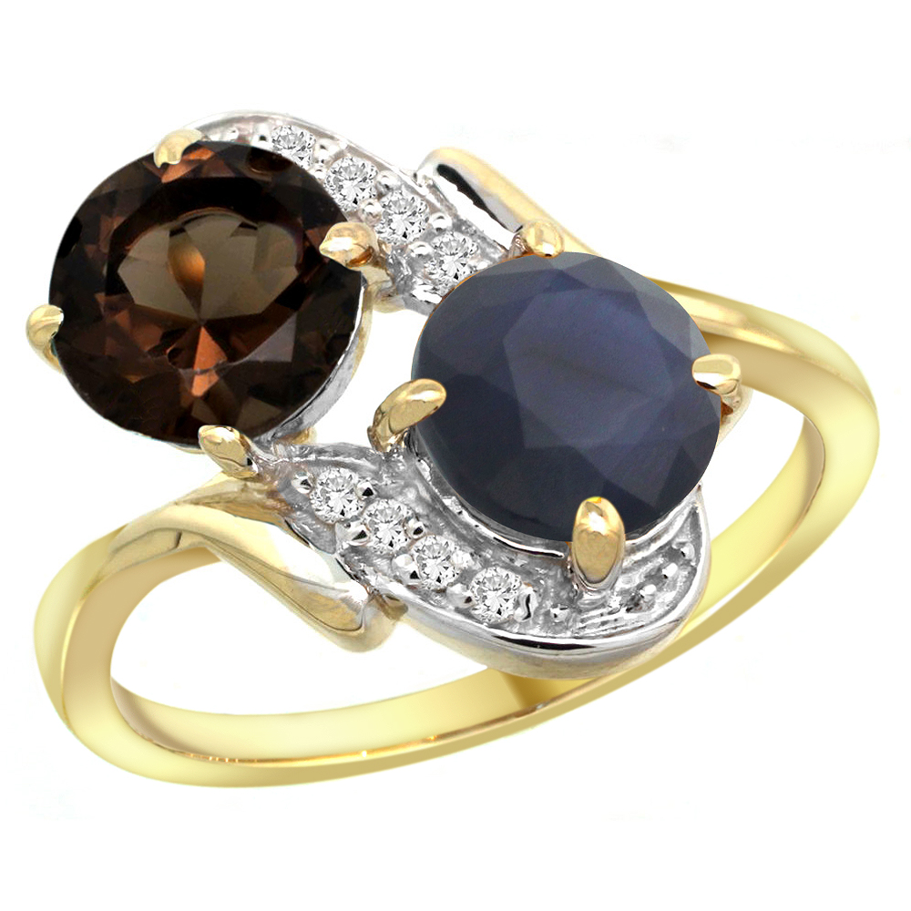 14k Yellow Gold Diamond Natural Smoky Topaz & Quality Blue Sapphire 2-stone Mothers Ring Round 7mm,sz5-10