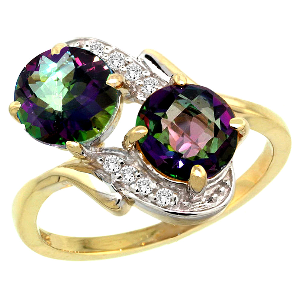 10K Yellow Gold Diamond Natural Mystic Topaz Mother&#039;s Ring Round 7mm, 3/4 inch wide, sizes 5 - 10