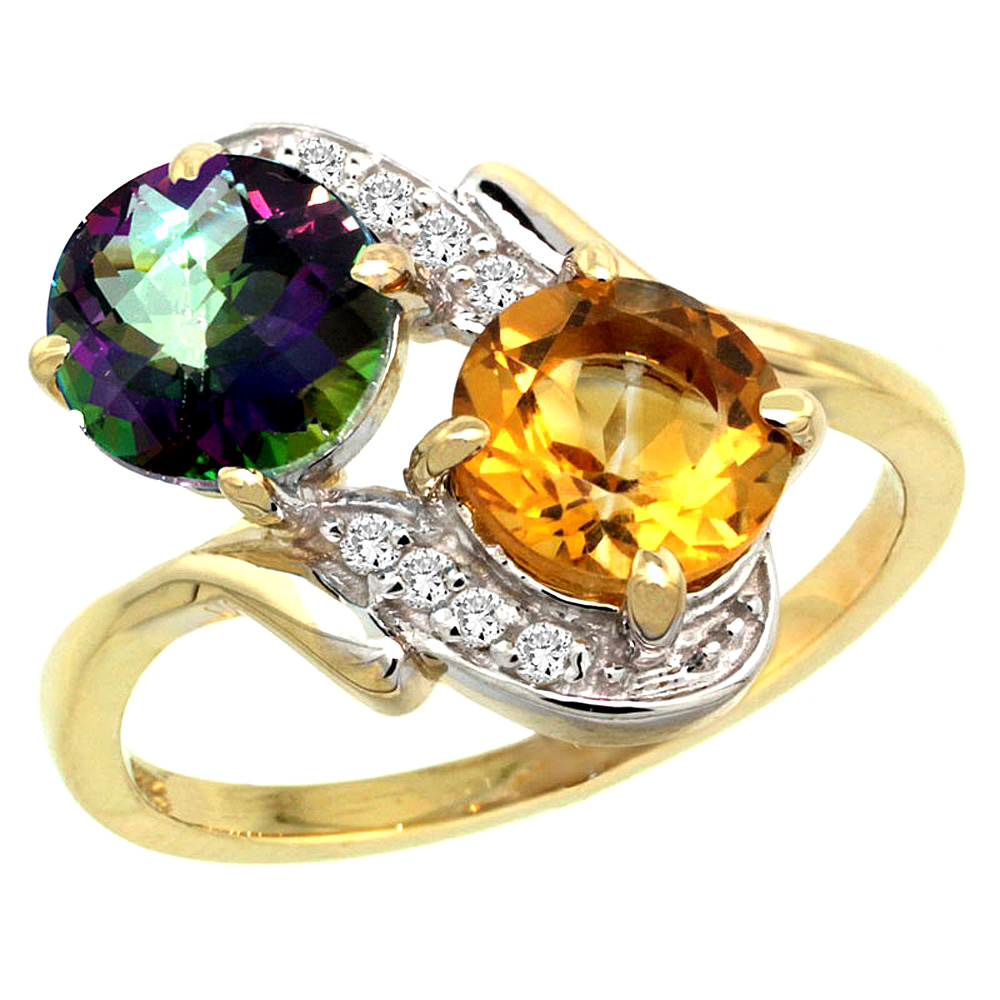 14k Yellow Gold Diamond Natural Mystic Topaz & Citrine Mother's Ring Round 7mm, 3/4 inch wide, sizes 5 - 10