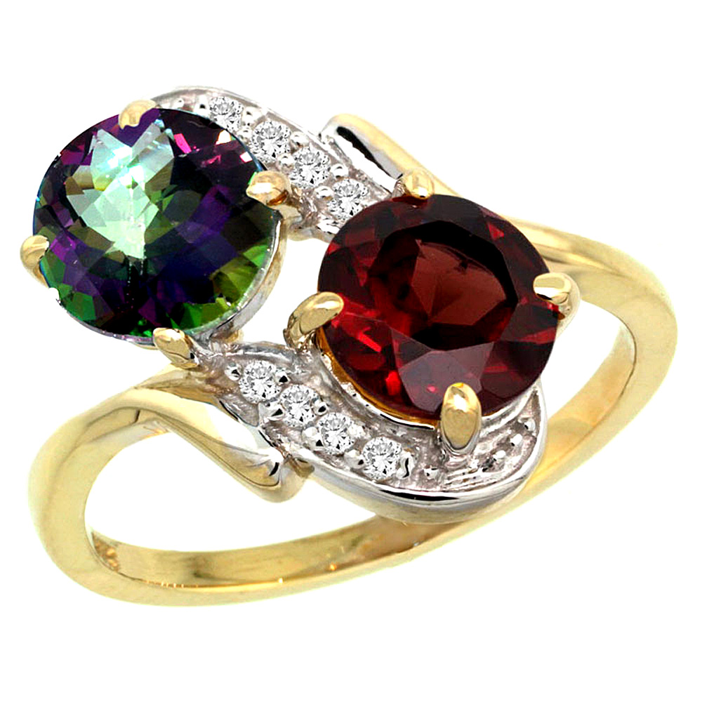 14k Yellow Gold Diamond Natural Mystic Topaz & Garnet Mother's Ring Round 7mm, 3/4 inch wide, sizes 5 - 10