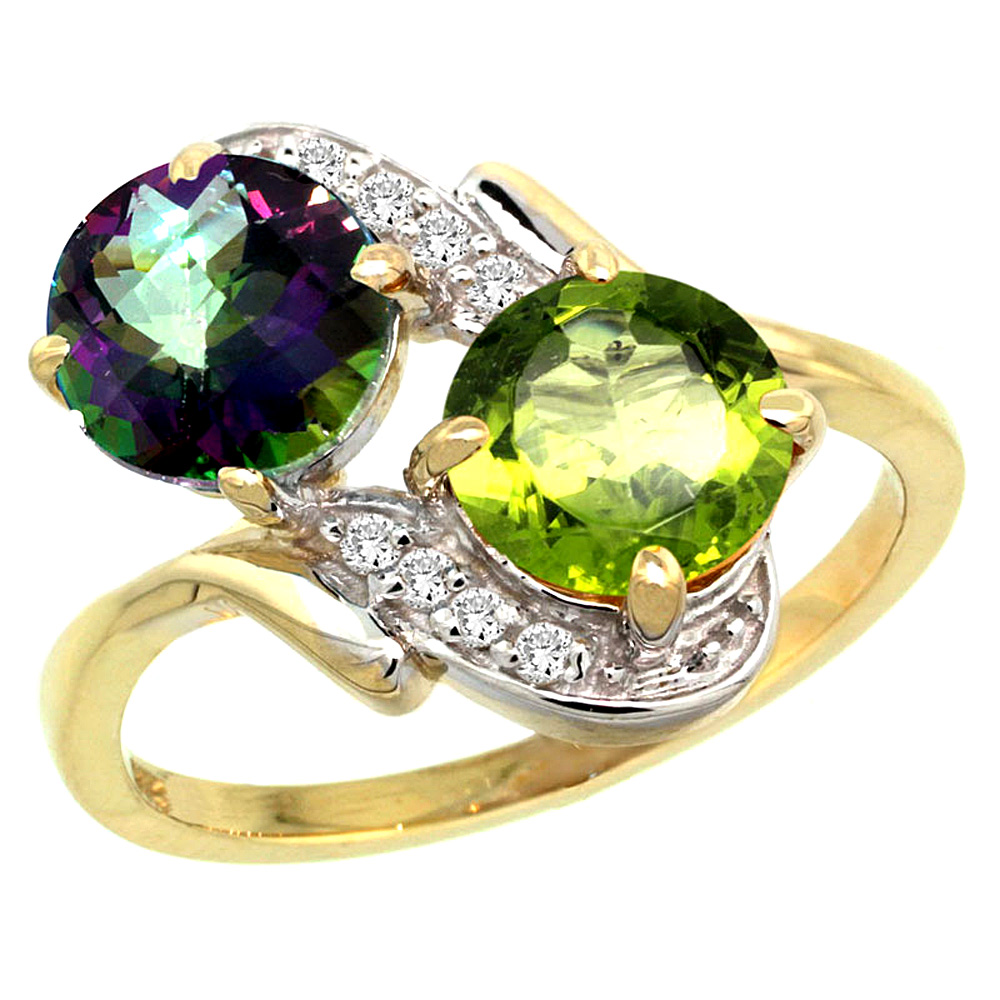 14k Yellow Gold Diamond Natural Mystic Topaz &amp; Peridot Mother&#039;s Ring Round 7mm, 3/4 inch wide, sizes 5 - 10