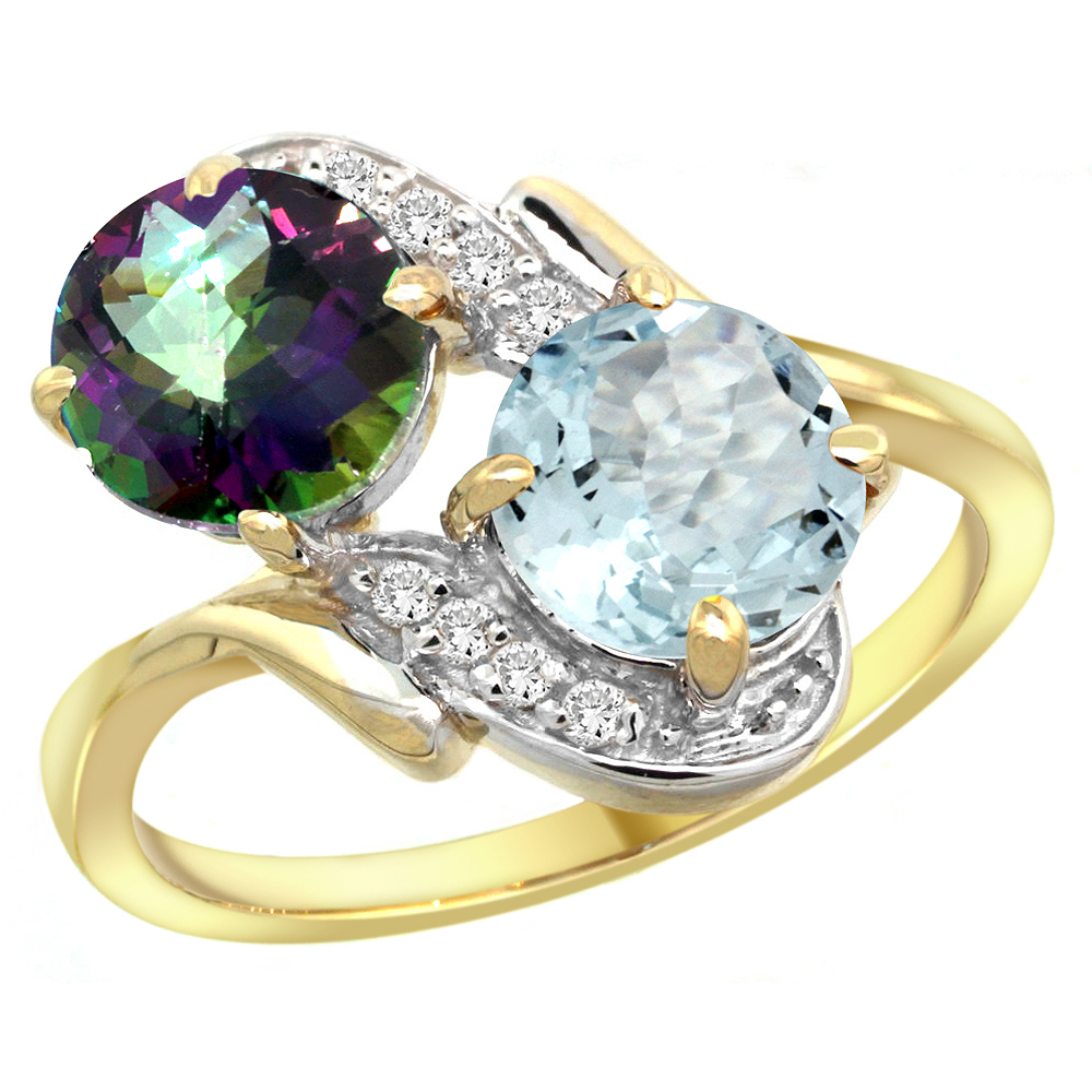 10K Yellow Gold Diamond Natural Mystic Topaz &amp; Aquamarine Mother&#039;s Ring Round 7mm, 3/4 inch wide, sizes 5 - 10